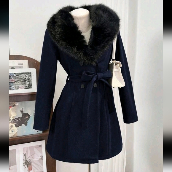Women's Elegant Turndown Collar Double Breasted Belt Waist Mid-Lengt Wool Coat - Picture 1 of 4
